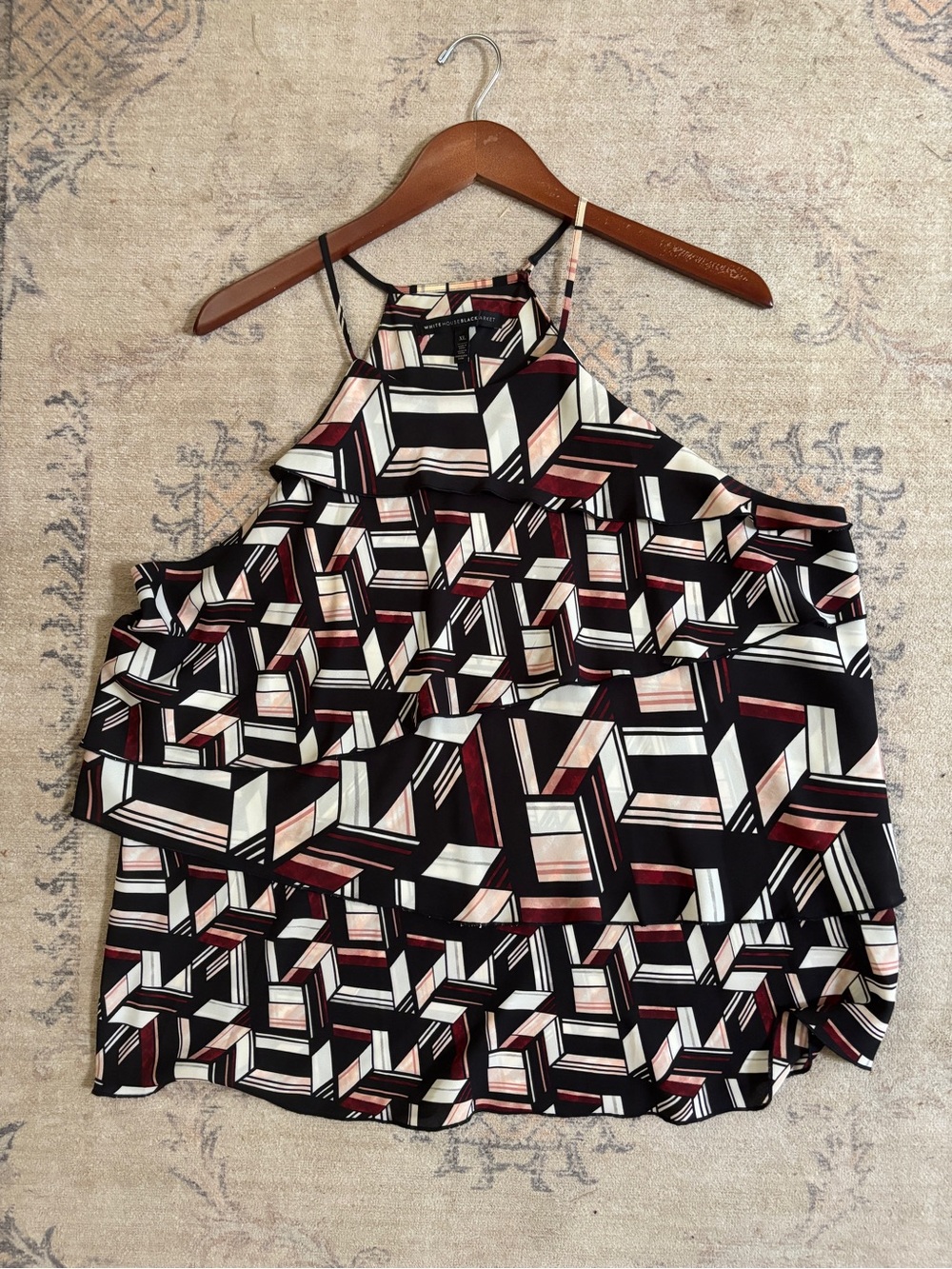 White House Black Market Black & Burgundy Geometric Halter Camisole